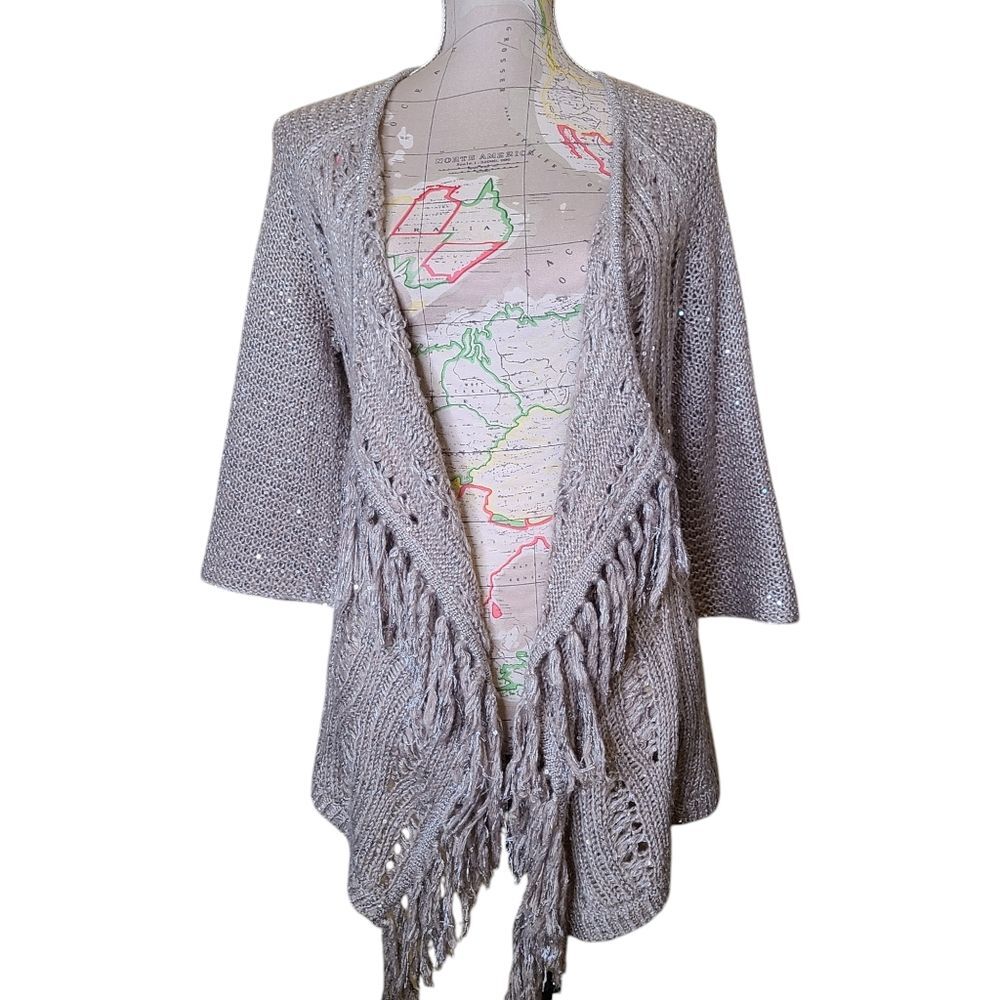 CHICO'S Size 0/Size Small Gray Fringe Silver Sequin Open Front Cardigan Sweater